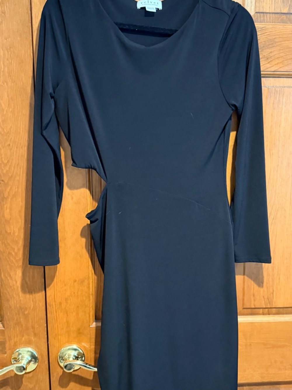 Velvet Black Long Sleeve Midi Dress with Side Drape